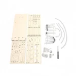 Wooden robotics building kit with various parts, screws, and tools for STEM educational projects and DIY robotics experiments.