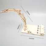 Educational wooden robotic arm model for science and engineering learning.