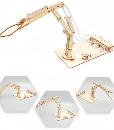 Wooden robotic arm model for educational purposes, demonstrating basic robotics and mechanics for STEM learning.