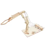 Wooden robotic arm model for STEM learning, featuring adjustable joints and a base for hands-on science and engineering education.