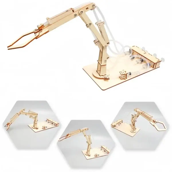 Wooden robotic arm model for educational purposes, demonstrating basic robotics and mechanics for STEM learning.