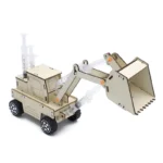 Excavator toy made of wood with movable arm and bucket, designed for educational play and STEM learning. Perfect for children interested in construction and engineering.