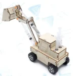 Robotic arm model made of wood and plastic, designed for science decor and educational toys. It features adjustable joints, a syringe for liquid demonstration, and wheels for mobility.