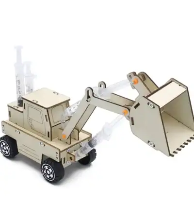 Excavator toy made of wood with movable arm and bucket, designed for educational play and STEM learning. Perfect for children interested in construction and engineering.