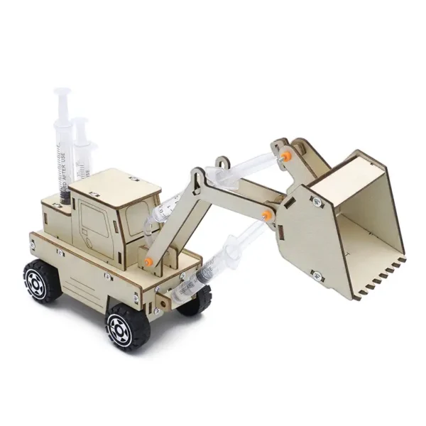 Excavator toy made of wood with movable arm and bucket, designed for educational play and STEM learning. Perfect for children interested in construction and engineering.