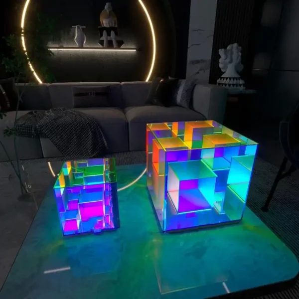 Vibrant illuminated geometric cubes with multicolor LED lighting, perfect for modern science-themed decor and educational display setups.