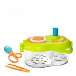 Brightly colored science experiment kit with a transparent container, blue tube, orange scissors, and tweezers, designed for educational play and science learning.