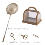 Metal telescopic mesh bag for catching insects, with a long handle for easy use in outdoor environments. Ideal for educational and scientific exploration.