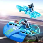 Futuristic drone race car with two pilots, featuring sleek blue design and glowing elements, racing on a track at high speed.