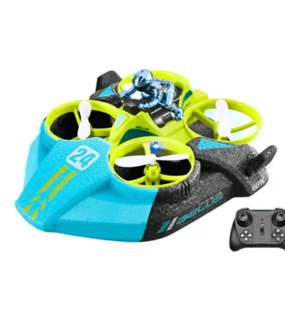 Small blue and yellow mini drone with four propellers and a black remote control, designed for kids and beginners to learn flying and drone skills.