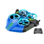 Small blue and black mini drone with LED lights and a remote control, designed for indoor flying and beginner pilots.