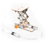 High-quality science model demonstrating a mechanical syringe pump with a wooden frame and transparent tubing.
