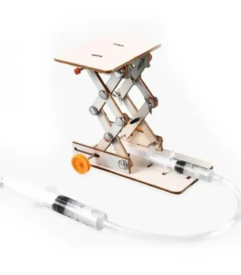 High-quality science model demonstrating a mechanical syringe pump with a wooden frame and transparent tubing.