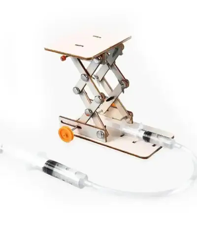 High-quality science model demonstrating a mechanical syringe pump with a wooden frame and transparent tubing.