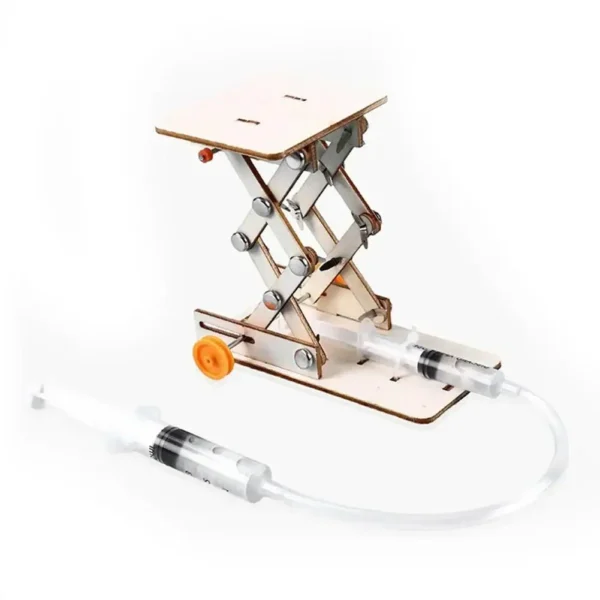 High-quality science model demonstrating a mechanical syringe pump with a wooden frame and transparent tubing.