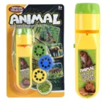 Child-friendly animal torch and projector toy featuring images of a giraffe, lion, and elephant, designed for children aged 3 and up to view 24 colorful animal images.