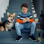 Young boy sitting on stairs with a Rubik's Cube, smiling and playing with his pet dog beside him, in a modern outdoor setting.