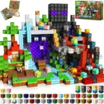 Vibrant Minecraft-themed pixel art made from building blocks, featuring waterfalls, trees, and pixelated characters, perfect for science decor and educational toy displays.