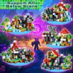 Vivid pixel art scene showcasing a detailed Minecraft-inspired landscape with vibrant block structures, characters, and imaginative scenery.