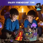 Enjoy friendship time with kids playing with colorful pixelated block toys in a cozy, illuminated setting.
