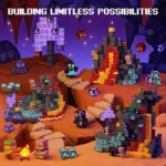 Vibrant Minecraft-themed building blocks set with lava, trees, and pixelated characters, showcasing endless creative possibilities for educational toys and decor.