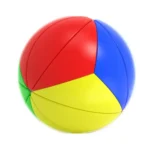 Brightly colored 3D puzzle ball with interlocking segments in red, blue, yellow, and green, designed for children and educational activities.