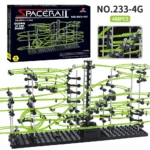 High-tech marble run with glowing green tracks and multiple levels for educational fun.