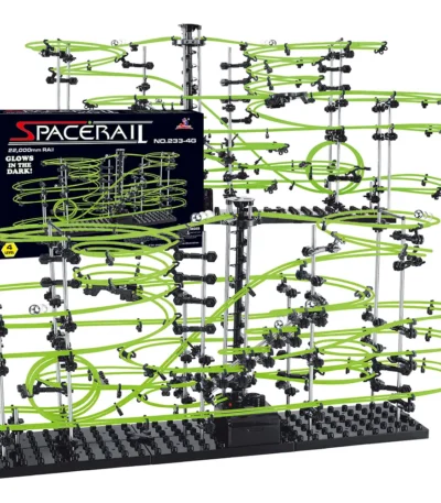 Innovative space-themed marble run with multiple green tracks and black support structure, perfect for educational play and STEM learning.