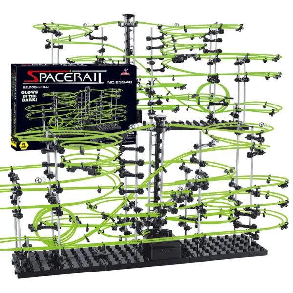 Innovative space-themed marble run with multiple green tracks and black support structure, perfect for educational play and STEM learning.