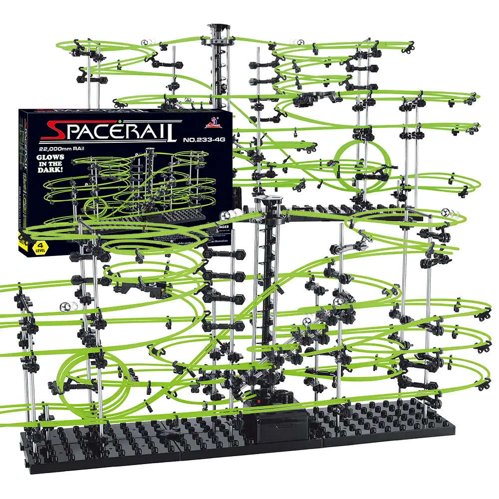 Space Rail Marble Run Toy for Kids and Adults Innovative space-themed marble run with multiple green tracks and black support structure, perfect for educational play and STEM learning.