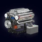 LEGO engine model with control panel, showcasing mechanical parts and educational design.