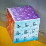 Colorful 3D periodic table cube featuring chemical elements like Scandium, Titanium, Vanadium, Chromium, Manganese, Iron, Cobalt, Nickel, and Copper, ideal for science enthusiasts and educational sett.