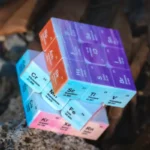 Colorful 3D periodic table cube featuring chemical elements with symbols and atomic numbers, ideal for educational decor and science learning.
