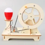 Wooden science kit demonstrating light and motion principles with a spinning wheel, pulley system, and illuminated globe for educational experiments.