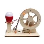 Educational science kit featuring a light bulb, motor, and wheel setup for science experiments and demonstrations. Perfect for students and science enthusiasts.