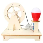 Educational electromagnetic science kit with a large wheel, motor, and light bulb for hands-on science experiments and learning.