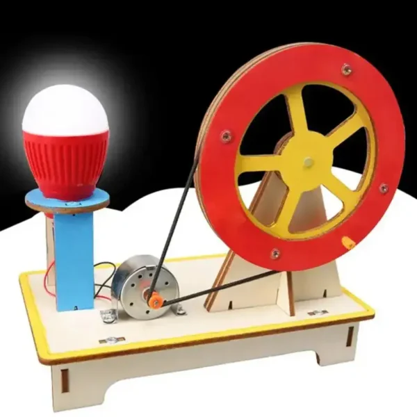 Educational science kit featuring a light bulb and a wheel with pulley system for hands-on physics experiments.
