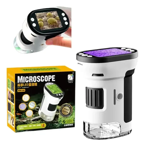 High-tech children's microscope with LED illumination and digital display for educational exploration.
