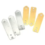 Set of six metal tags, three silver and three gold, used for scientific experiments and educational demonstrations.