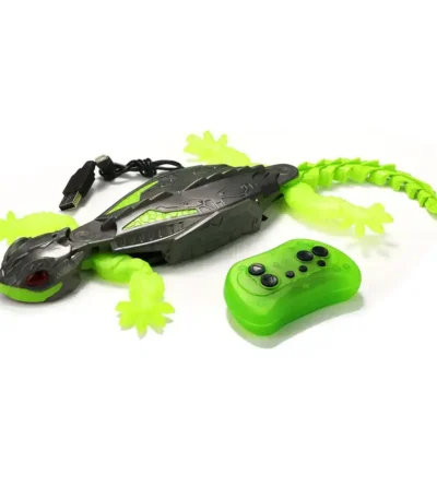 Green robotic lizard with remote control, featuring flexible tail and limbs, designed for educational and entertainment purposes.