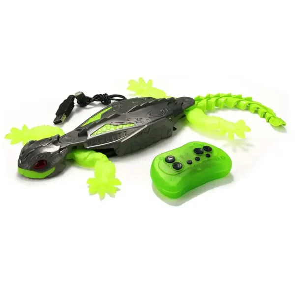 Green robotic lizard with remote control, featuring flexible tail and limbs, designed for educational and entertainment purposes.