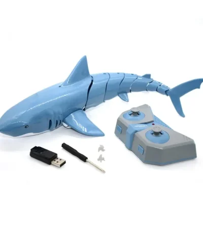 Remote-controlled shark toy with USB charging, includes a USB receiver, remote control, and small accessories. Perfect for educational play and science demonstrations.