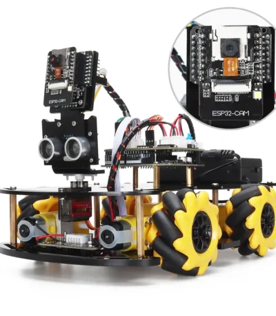 A robot car equipped with sensors, camera, and electronic modules, designed for educational purposes and STEM projects.