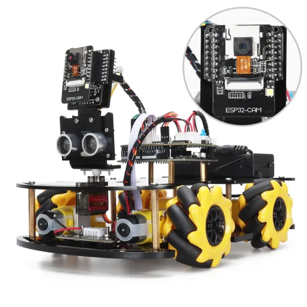 A robot car equipped with sensors, camera, and electronic modules, designed for educational purposes and STEM projects.