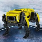 Yellow LEGO robotic spider with camera and mechanical limbs, ideal for science education and robotics projects.