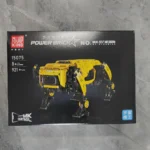 Yellow and black robotic building kit resembling a dog, designed for children aged 8 and above, with 921 pieces for educational and creative play.