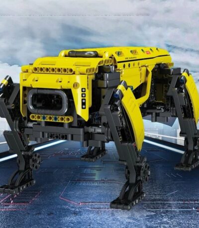 Yellow LEGO robotic spider with camera and mechanical limbs, ideal for science education and robotics projects.