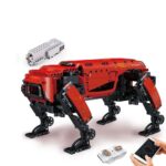 Educational robotic dog constructed from LEGO-style bricks with remote control, showcasing a programmable robot for STEM learning.