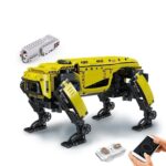 A yellow robotic dog built with LEGO-like bricks, featuring sensors and remote control for interactive play and educational robotics learning.
