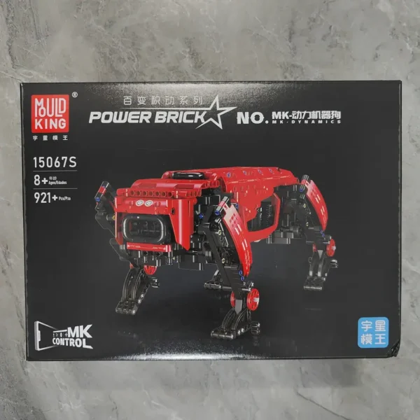 Red and black Power Brick robot kit for children, featuring a mechanical design with movable limbs, suitable for ages 8 and up, from the brand MUWD KING.